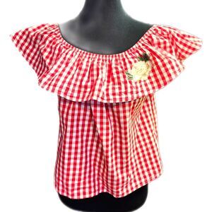 Ambiance Red & White Checkered Off The Shoulder Cropped Bouse, S